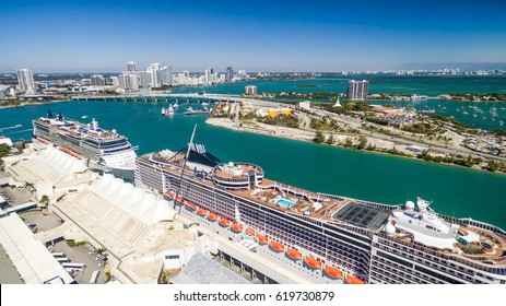 Miami Aerial Skyline With Port And Cruise Ships, Florida - USA.