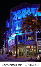 MIAMI - APRIL 10, 2019: Night Photo Of The Equinox Gym Building Neon Lights Miami Beach