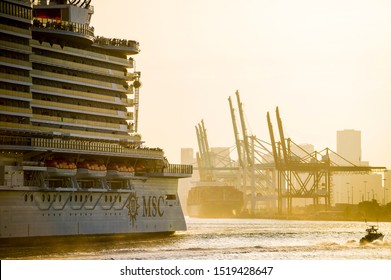 MIAMI - AUGUST 11, 2019: The MSC Seaside Cruise Ship Passes South Beach As It Departs PortMiami, The Busiest Cruise Ship Terminal In The World.