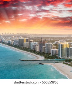 Miami Beach Aerial Skyline At Dusk, Florida.