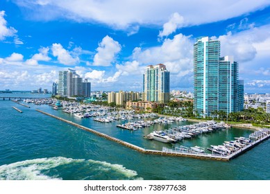 Miami Beach. Aerial View Of Rivers And Ship Canal. Tropical Coast Of Florida, USA.