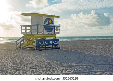 Miami Beach Blue Yellow Famous Lifeguard Tower Sunrise Scene No People