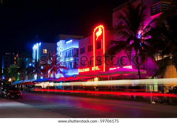 MIAMI BEACH -\
CIRCA JULY 2009: Night view at Ocean drive circa July 2009 in Miami\
Beach, Florida. Art Deco Night-Life in South Beach is one of the\
main tourist attractions in\
Miami.