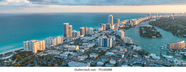 Miami Beach Coastline, Aerial View At Dusk.