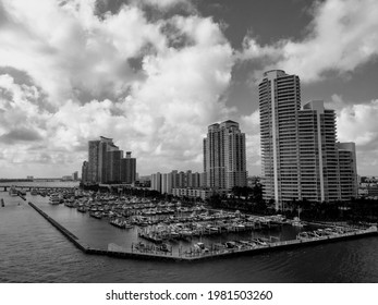 Miami Beach Downtown Coast Port Zone From The Desk Of The Cruise Ship Starting Journey, Florida, US, Black And White, Vintage Style