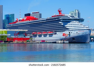MIAMI BEACH, FL -18 MAY 2022- View of the Scarlet Lady cruise ship by Virgin Voyages at Port Miami in Florida on the Atlantic Ocean, the largest cruiseship port in the US.