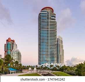 Miami Beach, FL / USA - 11/02/2019: The Continuum on South Beach luxury condo towers at dawn. Viewed from South Pointe Park located in the southern tip of Miami Beach.
