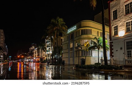 Miami Beach, FL, USA - 2020: Ocean Drive, Art Deco Historic District In South Beach, Florida. Vacation And Holiday In US