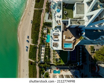 Miami Beach, FL, USA - January 25, 2022: Aerial Overhead Shot Akoya Rooftop Pool Penthouse Suite Miami Beach FL