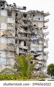 Miami Beach, FL, USA - June 24, 2021: Aftermath Of The Champlain Towers Collapse This Morning Showing Building Rubble