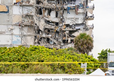 Miami Beach, FL, USA - June 24, 2021: Aftermath Of The Champlain Towers Collapse This Morning Showing Building Rubble