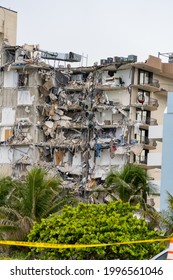 Miami Beach, FL, USA - June 24, 2021: Aftermath Of The Champlain Towers Collapse This Morning Showing Building Rubble