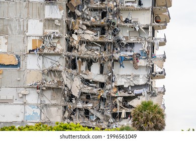 Miami Beach, FL, USA - June 24, 2021: Aftermath Of The Champlain Towers Collapse This Morning Showing Building Rubble