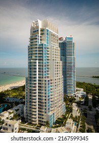 Miami Beach, FL, USA - June 13, 2022: Vertical aerial photo Continuum Condominium Miami Beach