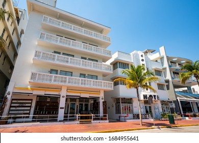 MIAMI BEACH, FL, USA - MARCH 26, 2020: Closed hotels practicing social distancing to stop spread of Coronavirus Covid 19