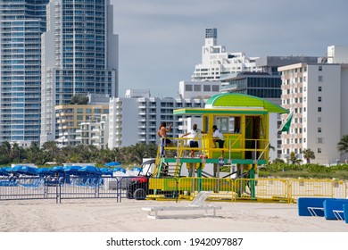 MIAMI BEACH, FL, USA - MARCH 20, 2021: Lifeguards Preparing For Spring Break Miami Beach FL