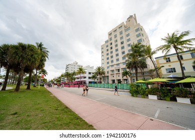 MIAMI BEACH, FL, USA - MARCH 20, 2021: Party Town Miami Beach Ocean Drive Spring Break During Covid 19 Coronavirus Pandemic