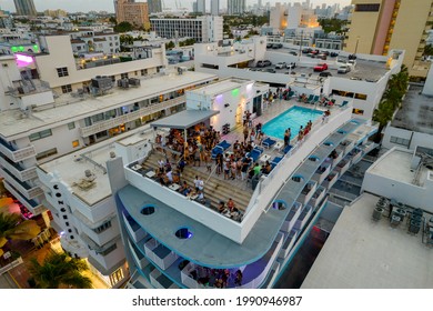 Miami Beach, FL, USA - May 29, 2021: Aerial Photo Rooftop Pool Party In Miami Beach Palace Hotel