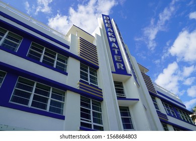 Miami Beach, FL, USA - November 23rd 2019: Ocean Drive art deco - the historic art deco masterpiece breakwater hotel, typical of the elaborate frontage on Ocean Drive  - Shutterstock ID 1568684803