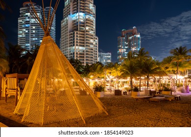 MIAMI BEACH, FL, USA - NOVEMBER 13, 2020:  Night Photo Destination Nikki Beach Club Miami FL