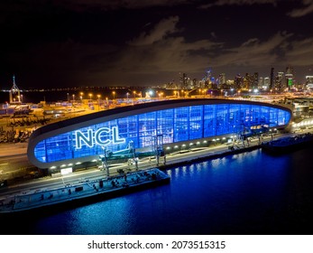 Miami Beach, FL, USA - November 9, 2021: Aerial photo of NCL cruise terminal at Port Miami Florida USA