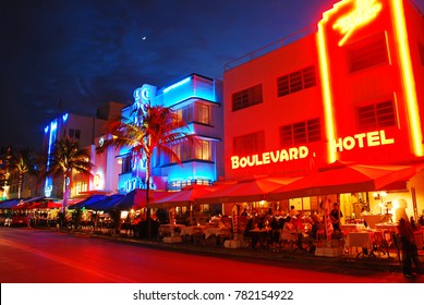 Miami Beach, FL, USA November 30 The Neon Lights Of South Beach Foretell Of An Exciting Nightlife Scene On Ocean Drive In Miami Beach, Florida