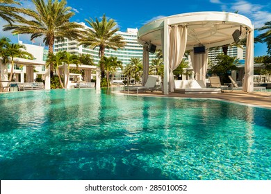 Miami Beach, FL USA - October 3, 2012: The Beautiful Pool Area Of The Historic Art Deco Fontainebleau Hotel On Miami Beach.