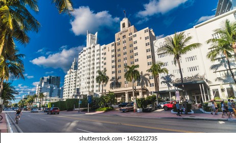 Miami Beach, Florida - April 22, 2019 - Street Level View Of Collins Avenue And Its Historic Art Deco Buildings