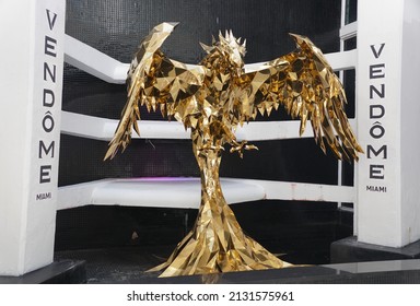 Miami Beach, Florida - February 18, 2022 - The Gold Eagle Statue At Vendome Nightclub On Washington Avenue