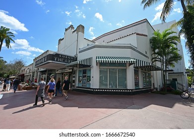 Miami Beach, Florida - February 29, 2020 - Art Deco Colony Theatre On Lincoln Road Mall On Clear Cloudless Morning.