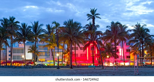 Miami Beach, Florida  Hotels And Restaurants At Sunset On Ocean Drive, World Famous Destination For It's Nightlife, Beautiful Weather, Art Deco Architecture And Pristine Beaches