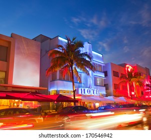 Miami Beach, Florida  Hotels And Restaurants At Sunset On Ocean Drive, World Famous Destination For It's Nightlife, Beautiful Weather And Pristine Beaches