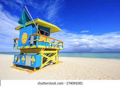 Miami Beach Florida, Lifeguard House In A Typical Colorful Art Deco Style