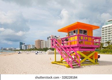 Miami Beach Florida, Lifeguard House In Typical Art Deco Colorful Style