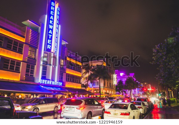 Miami Beach, Florida - November, 2018.\
Saturday night lights after rain at Ocean\
Drive.