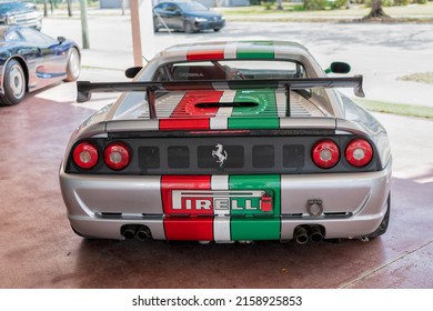Miami Beach, Florida USA - April 15, 2021: white ferrari pirelli 355 challenge sportcar, back view