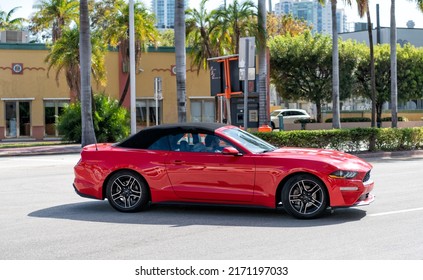 Miami Beach, Florida USA - April 14, 2021: Red Ford Mustang Convertible Car, Side View