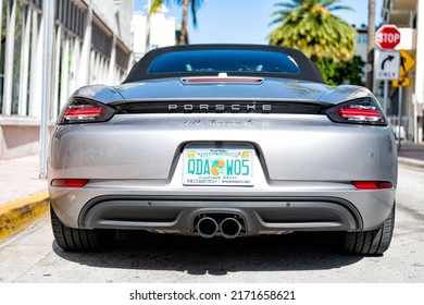 Miami Beach, Florida USA - April 14, 2021: Silver Porsche 718 Boxster S, Back View Low Angle.