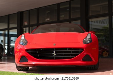 Miami Beach, Florida USA - April 15, 2021: Red Ferrari California Roadster, Front View Low Angle