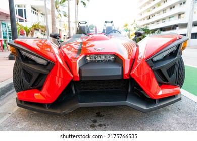 Miami Beach, Florida USA - April 15, 2021: Red Polaris Slingshot Sl, Front View Low Angle.