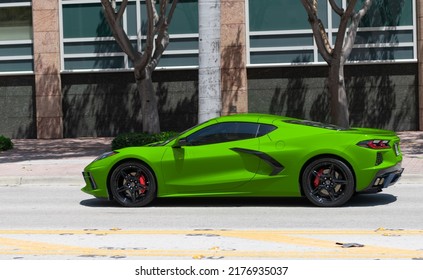 Miami Beach, Florida USA - April 15, 2021: Green Chevrolet Corvette Sportcar, Side View