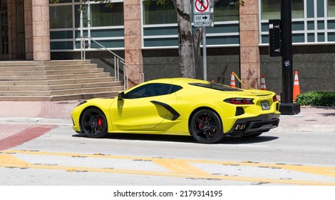 Miami Beach, Florida USA - April 15, 2021: Yellow Chevrolet Corvette Sportcar, Side View