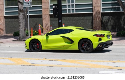 Miami Beach, Florida USA - April 15, 2021: Lime Chevrolet Corvette Sportcar, Side View