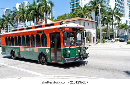 Miami Beach, Florida USA - April 15, 2021: Miami Trylley Bus Public Transportation