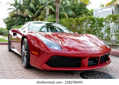 Miami Beach, Florida USA - April 18, 2021: Red Ferrari 488 GTB Car, Corner View Low Angle