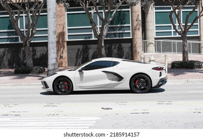 Miami Beach, Florida USA - April 15, 2021: White Chevrolet Corvette Sportcar, Side View