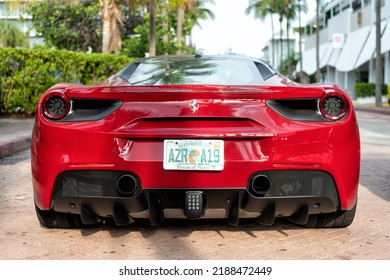 Miami Beach, Florida USA - April 18, 2021: Red Ferrari 488 GTB, Back View Low Angle