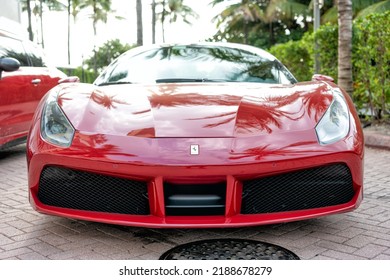 Miami Beach, Florida USA - April 18, 2021: Red Ferrari 488 GTB, Front View Low Angle