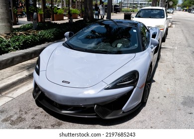 Miami Beach, Florida USA - April 15, 2021: White Mclaren 570s Convertible Sportcar, Top View