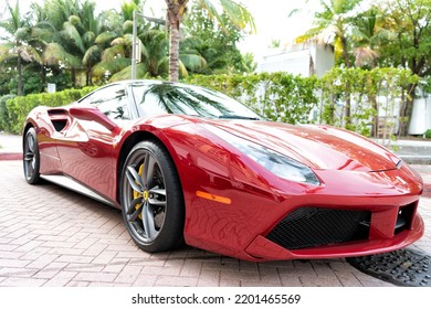 Miami Beach, Florida USA - April 18, 2021: Red Ferrari 488 GTB, Corner View Low Angle